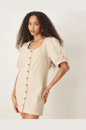 ASOS Denim button through mini dress with puff sleeves in neutral