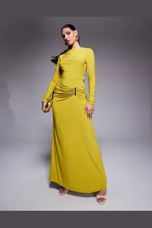 ASOS Long sleeve drape maxi dress with hitched skirt and trim in lime