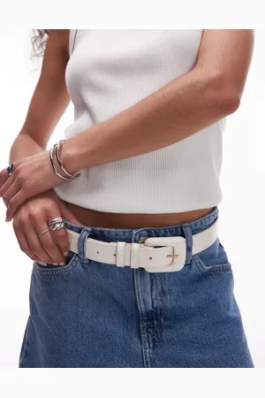 MANGO Classic croc detail square buckle belt in cream