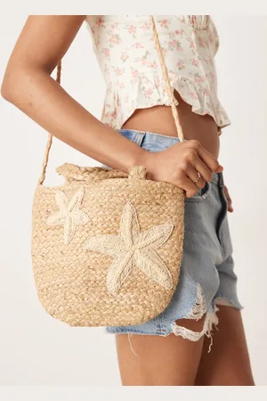 Accessorize Embroidered starfish handheld mini straw bag in natural