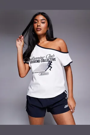 ASOS Weekend Collective co-ord off shoulder t-shirt with navy contrast trim with runner graphic in cream