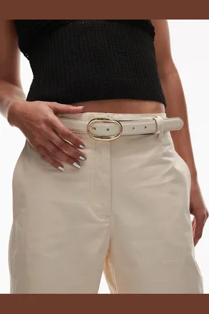 MANGO Classic gold oval buckle belt in cream
