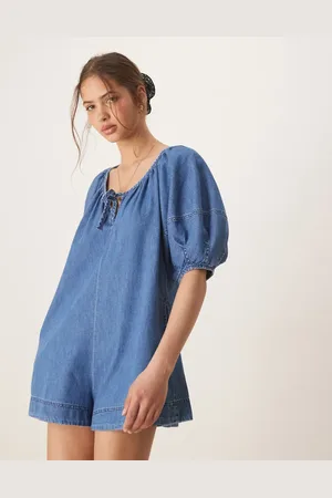 ASOS Soft denim playsuit with balloon sleeves in midwash