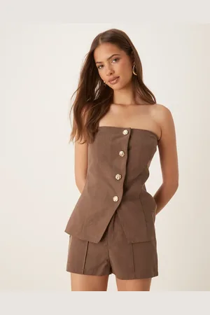SNDYS Linen look bandeau gold button tie back waistcoat co-ord in