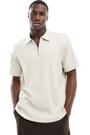 Another Influence Textured jersey zip polo in light stone