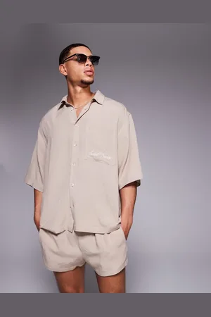 ASOS Co-ord linen blend oversized shirt with chest embroidery in