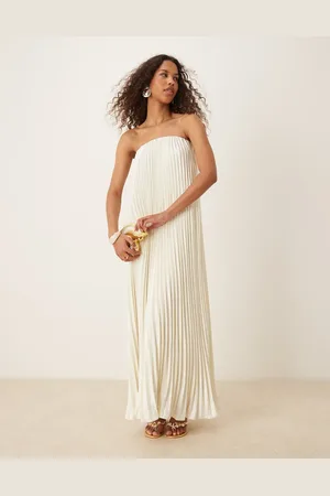 Six Stories Pleated bandeau maxi dress with detachable neck scarf in oyster