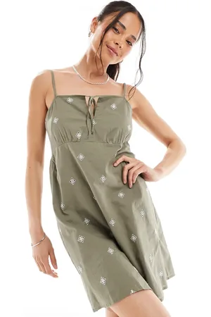 ONLY Embroidered detail mini cami dress in khaki