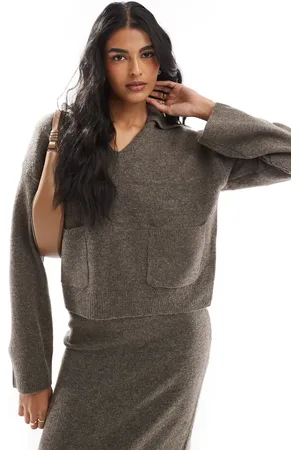 Pieces® Open polo neck jumper co-ord in deep taupe