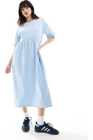 ASOS Short sleeve seam detail midi smock dress in new washed in baby blue