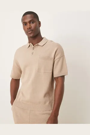 ASOS Relaxed knitted midweight cotton polo with chest pocket in stone