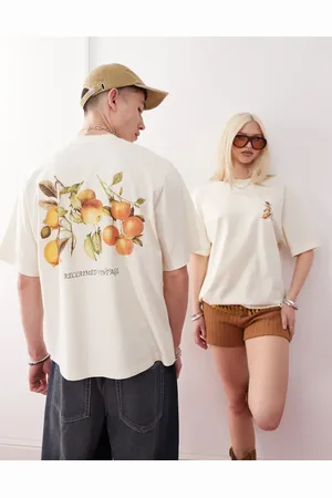 Reclaimed Unisex boxy cropped t-shirt with back fruit print in ecru