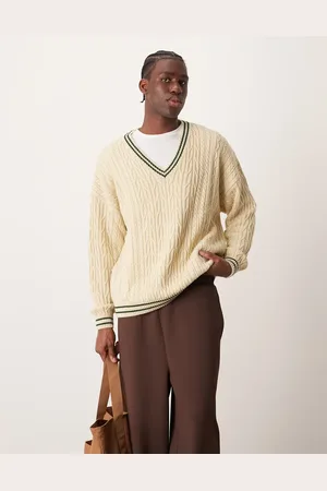 ASOS Oversized cable knitted cricket jumper in cream with green tipping