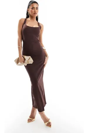 ASOS Scooped halter midi dress with crossed back straps in sculpting jersey in chocolate