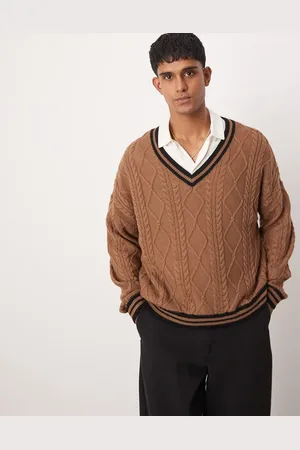 ASOS Oversized boxy fit cable knitted cricket jumper in with black tipping