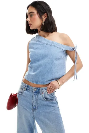 ASOS Denim off the shoulder top in mid