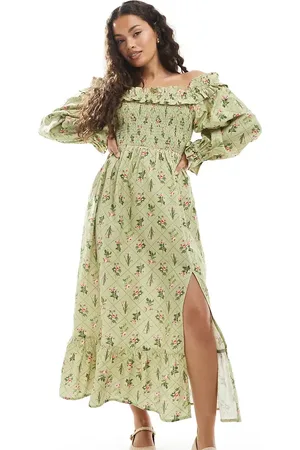 Miss Selfridge Printed bardot maxi dress in green floral