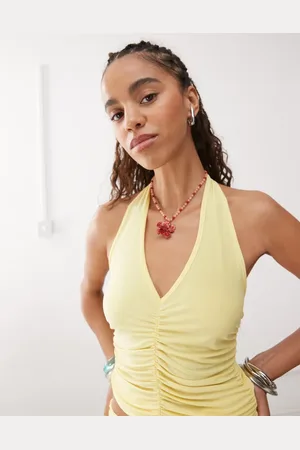Reclaimed Halter neck top with gathered seams co-ord in butter