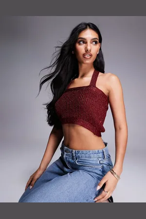ASOS Knitted halter crop top in metallic yarn in burgundy