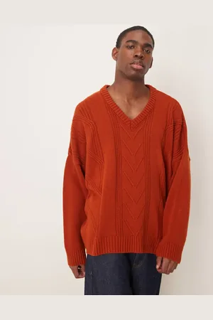 ASOS Super oversized stitch detail v-neck knitted jumper in burnt