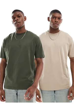 ASOS 2 pack essential relaxed t-shirt in green and stone