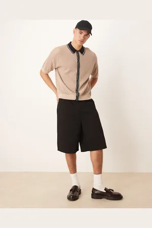 ASOS Relaxed fit airtex knitted button through polo with contrast collar in stone