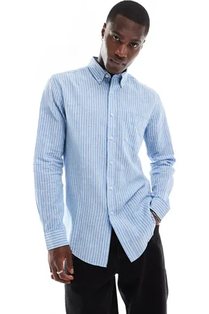 Ben Sherman Long sleeve linen wide stripe shirt in blue