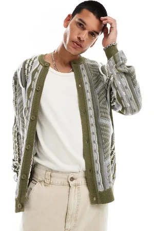 ASOS Relaxed cable knitted crew neck cardigan in textured stripe