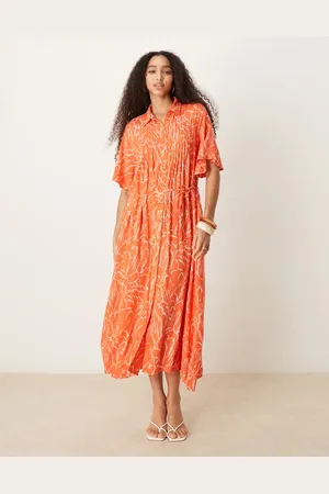 Y.A.S Belted button front fluted sleeve dress in orange floral print