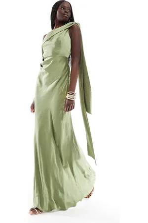 Six Stories Bridesmaid bow one shoulder satin maxi dress in moss