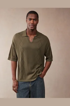 ASOS Relaxed fit knitted notch neck polo with pointelle pattern in dark