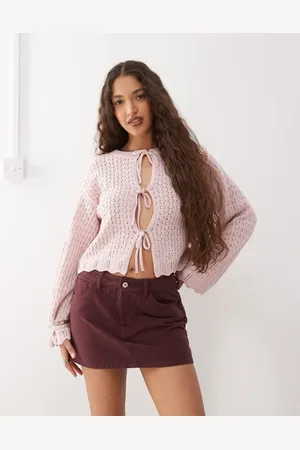 Reclaimed Tie front crochet cardigan with scallop edges in baby