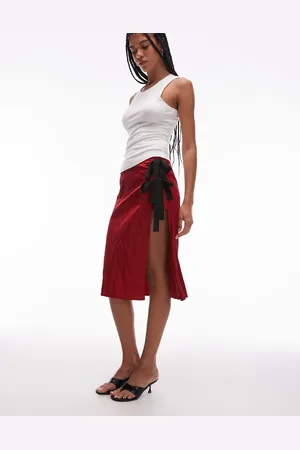 MANGO Capsule crinkle effect midi skirt with ruched side in cherry