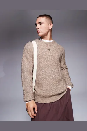 ASOS Relaxed slouchy crew neck cable knitted jumper in stone