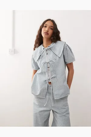 Reclaimed Tie front denim top with oversized collar co-ord in pinstripe