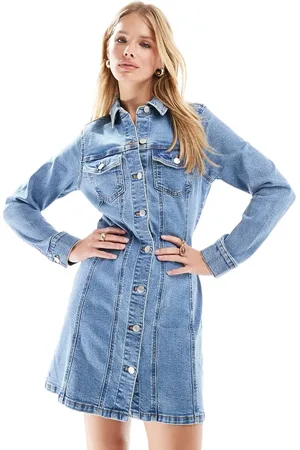 ASOS Denim long sleeve fitted shirt mini dress in mid