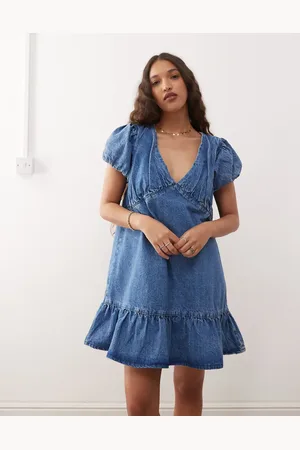 Reclaimed Denim smock mini dress with puff sleeves in midwash