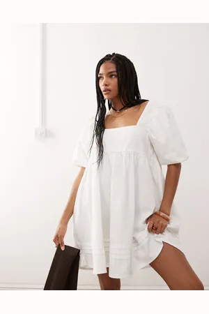 Reclaimed Denim smock mini dress with puff sleeves in ecru