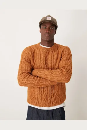 ASOS Heavyweight cable knitted crew neck jumper in tan