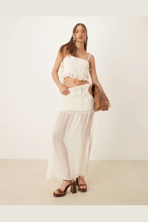 SNDYS Shirred detail sheer maxi skirt co-ord in cream