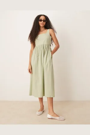 Brave Soul Cotton rich square neck gingham midi dress in sage