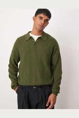 ASOS Relaxed cable knitted polo jumper in khaki