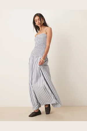 Glamorous Shirred drop waist maxi dress in charcoal stripe