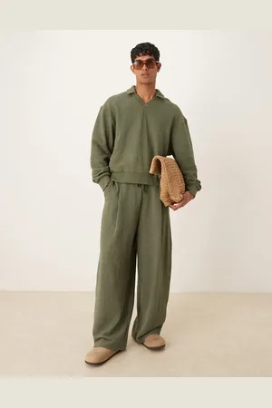 ASOS Boxy oversized smart linen look polo sweatshirt in khaki
