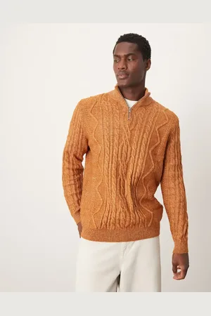 ASOS Heavyweight cable knitted quarter zip jumper in tan