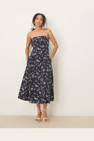 Abercrombie & Fitch Strapless flare midi dress in blue floral