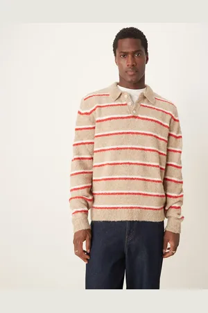 ASOS Relaxed boxy fit textured polo knitted jumper with stripe in stone