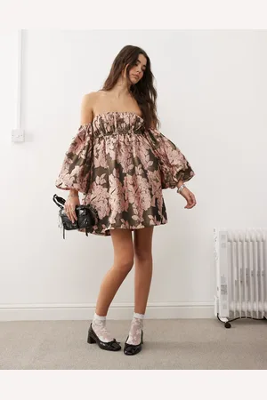 Miss Selfridge Puff sleeve bardot dress in jacquard print