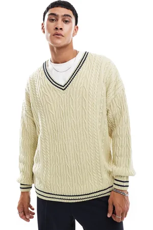 ASOS Oversized cable knitted cricket jumper in cream with navy tipping