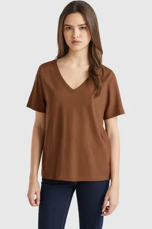 Benetton V-neck T-shirt In Slub Cotton, size S, , Women
